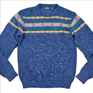 Vintage Stratum Wool Blend Knit Blue Multicolor Fair Isle Crew Neck Sweater